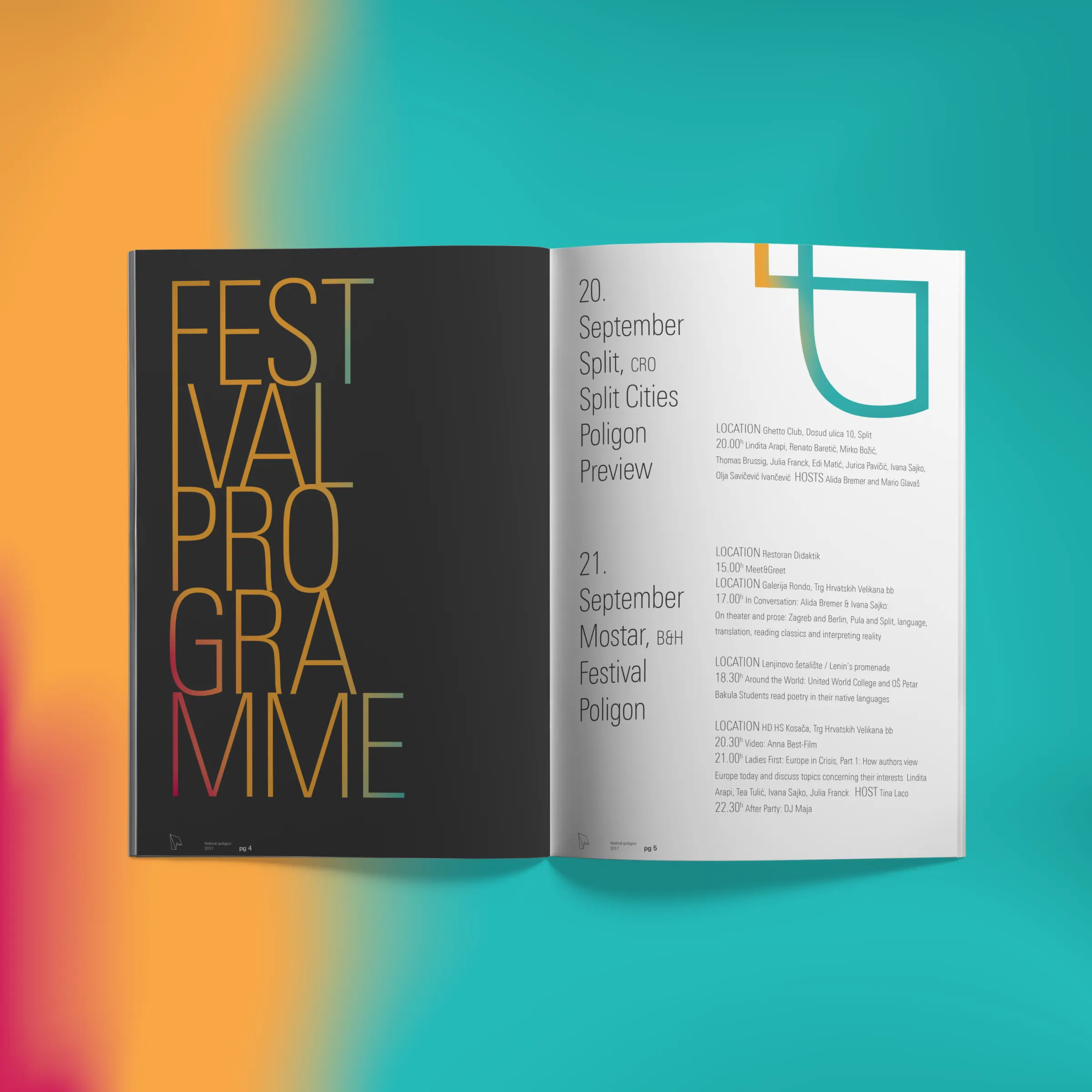 Poligon 3 festival catalogue spread 'Festival Programme' with dates in Split and Mostar