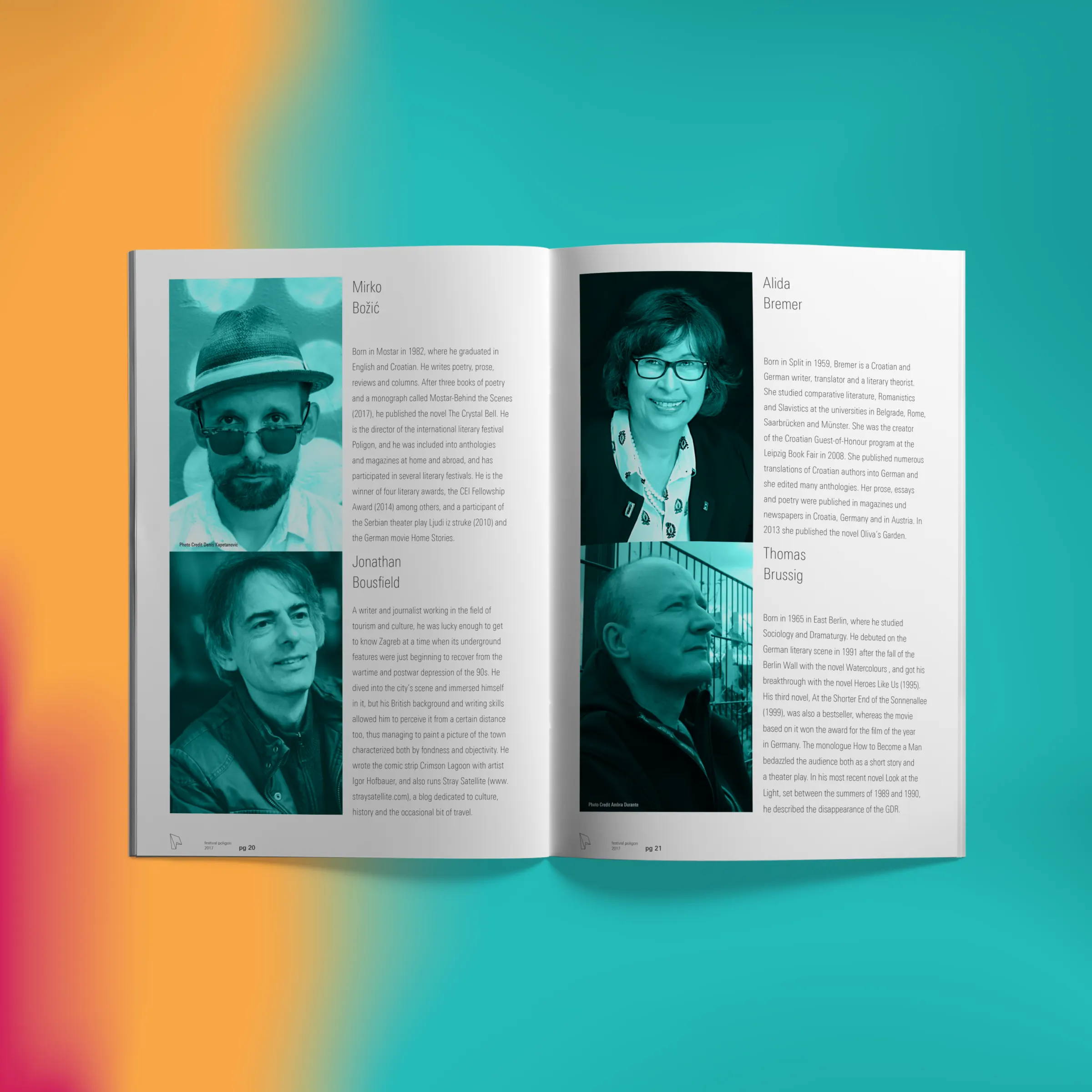 Poligon 3 festival catalogue spread with four author portraits and biographies