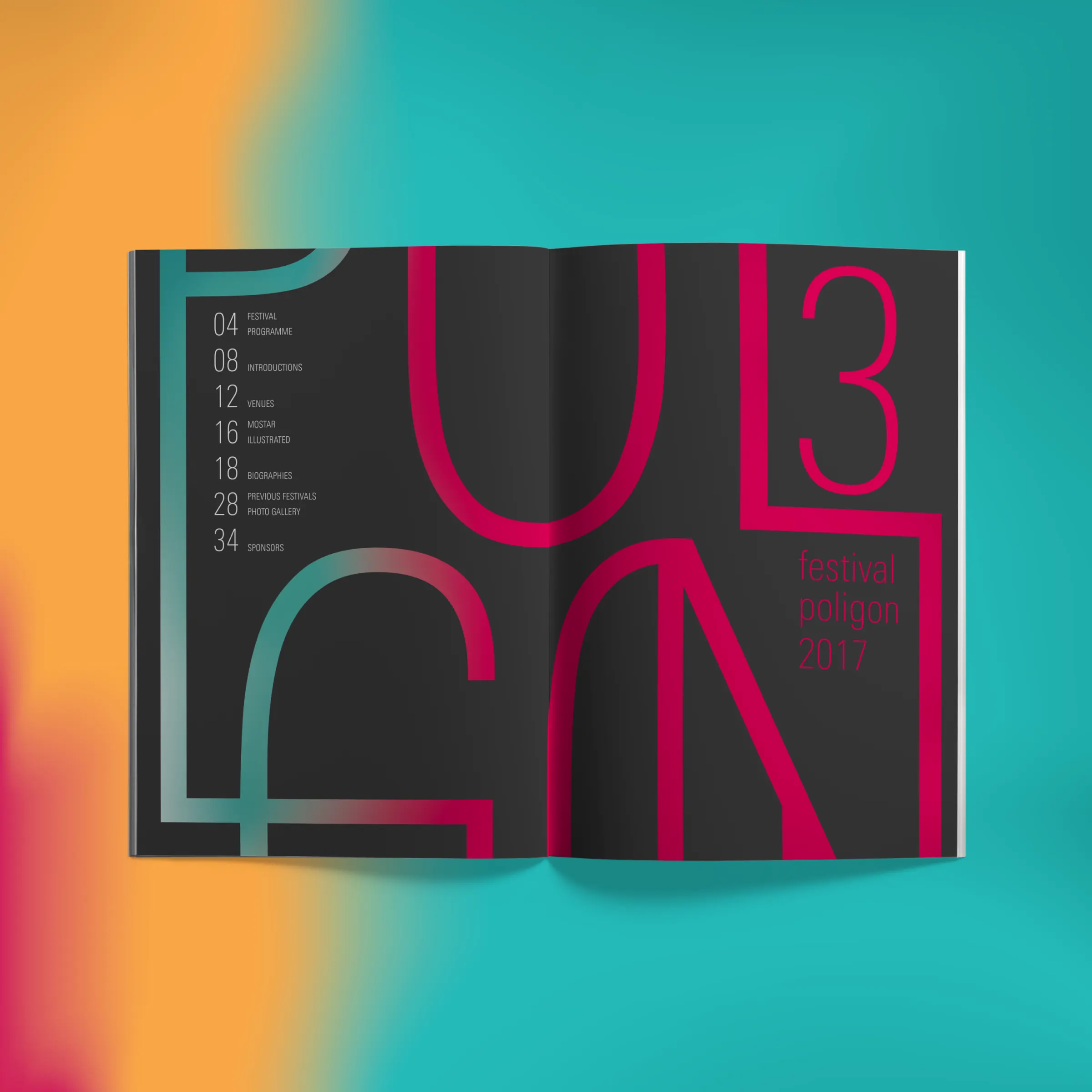 Poligon 3 festival catalogue contents spread with giant outline letters