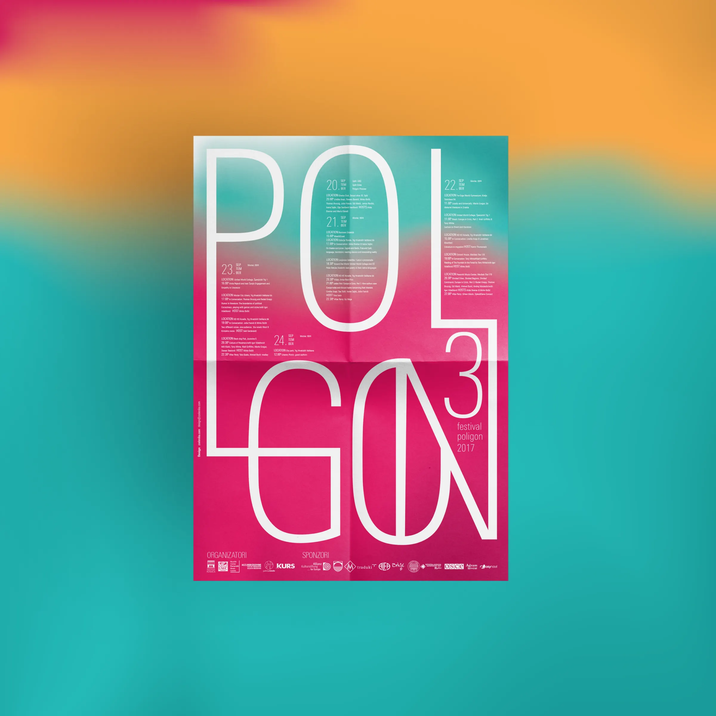 Poligon 3 festival poster in pink and teal with the programme set around the lettering