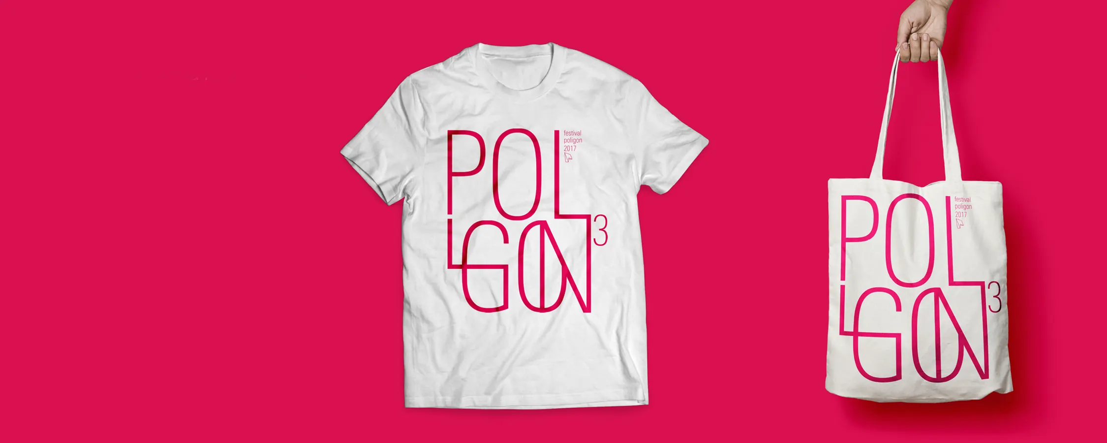 Poligon 3 festival T-shirt and tote bag with the thin-line POLIGON lettering in pink